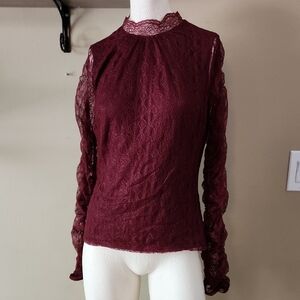 🔴 Express Red Fitted Ruffled Blouse with Mandarin Collar